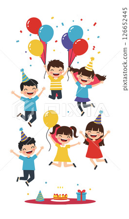 Children Celebrating Birthday Party with Balloons Confetti and Cake Vector Illustration 126652445
