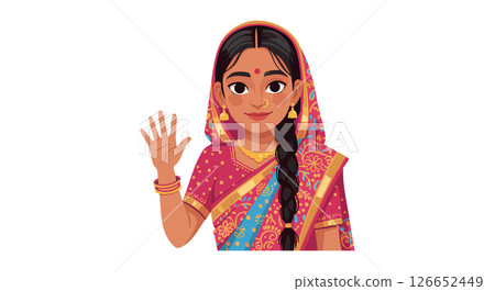 Indian Woman Wearing Traditional Saree and Jewelry Waving Hand Vector Illustration 126652449