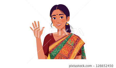 Indian woman greeting with hand wearing colorful traditional saree vector illustration 126652450