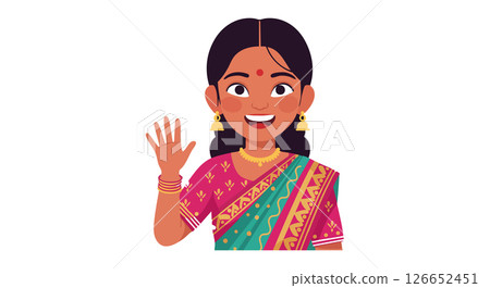 Indian woman waving hand in traditional saree and jewelry vector illustration Indian woman waving hand in traditional saree and jewelry vector illustration 126652451
