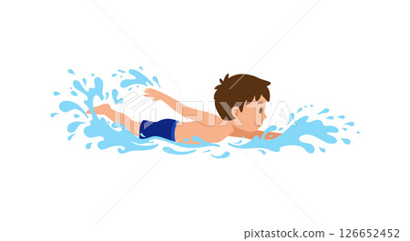 Boy Swimming Freestyle Stroke with Splashing Water and Blue Shorts Vector Illustration Boy Swimming Freestyle Stroke with Splashing Water and Blue Shorts Vector Illustration 126652452