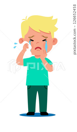 Crying boy wiping tears with sad expression in cartoon style vector illustration Crying boy wiping tears with sad expression in cartoon style vector illustration 126652458