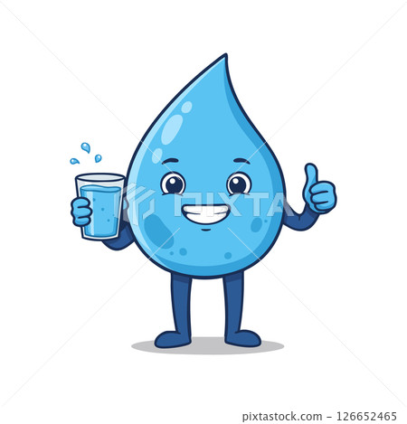 Cute water drop character holding glass of water with thumbs up vector illustration 126652465