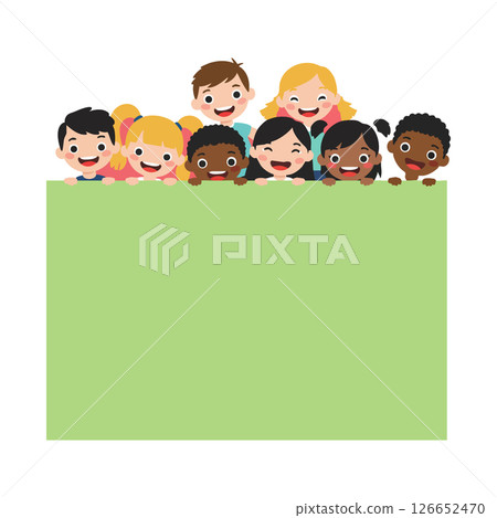Diverse group of happy children peeking over green banner smiling cheerful vector illustration 126652470