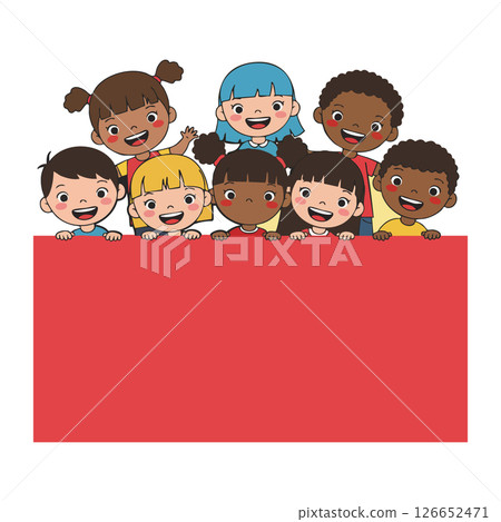 Diverse group of happy children holding red banner in cheerful cartoon style Diverse group of happy children holding red banner in cheerful cartoon style 126652471