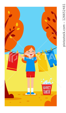 Girl Hanging Clothes Outdoors in Autumn with Orange Trees and Blue Sky Vector Illustration Girl Hanging Clothes Outdoors in Autumn with Orange Trees and Blue Sky Vector Illustration 126652481