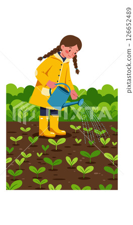 Girl Watering Plants in Garden Wearing Yellow Raincoat and Boots Vector Illustration Girl Watering Plants in Garden Wearing Yellow Raincoat and Boots Vector Illustration 126652489