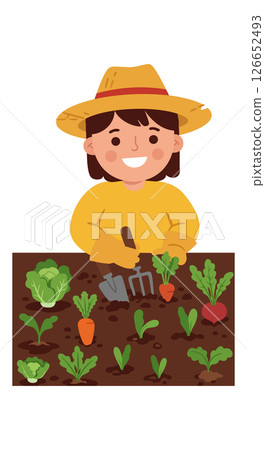 Child Gardening Planting Vegetables with Hat and Tools Vector Illustration 126652493