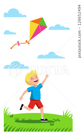 Boy Flying Colorful Kite Outdoors on Grass with Blue Sky and Clouds Vector Illustration 126652494