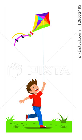 Boy running with colorful kite outdoors on green grass vector illustration 126652495