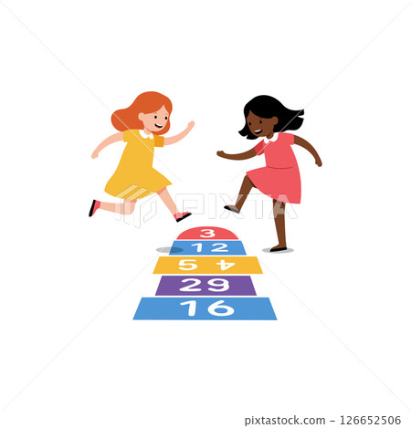 Children playing hopscotch game with colorful numbered squares and joyful expressions vector illustration 126652506