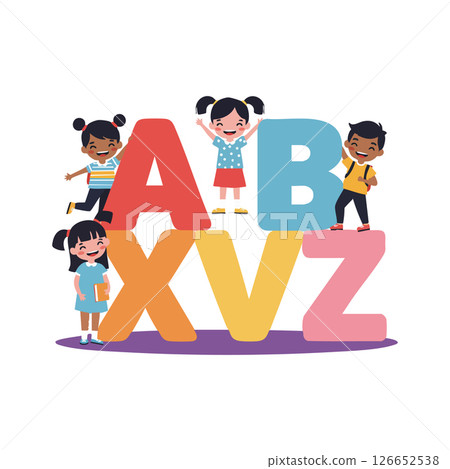 Children playing with colorful alphabet letters A B X V Z in happy learning environment Children playing with colorful alphabet letters A B X V Z in happy learning environment 126652538