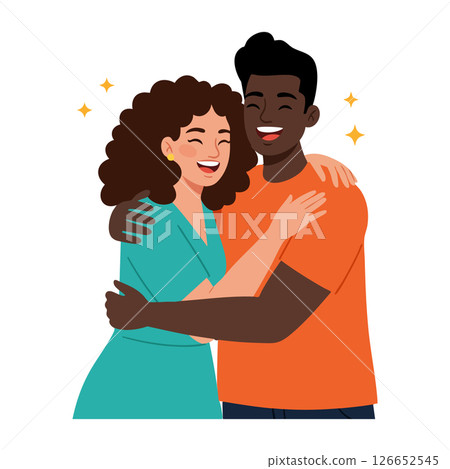 Happy couple hugging warmly with joyful expressions in colorful casual clothing vector illustration 126652545