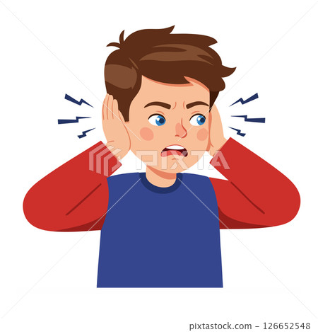 Boy covering ears in discomfort with blue and red clothing vector illustration Boy covering ears in discomfort with blue and red clothing vector illustration 126652548