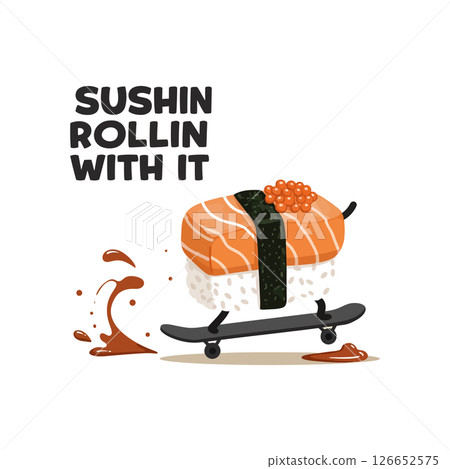 Sushi Roll Skateboarding Vector Illustration for T-shirt Print and Fun Graphic Projects Sushi Roll Skateboarding Vector Illustration for T-shirt Print and Fun Graphic Projects 126652575