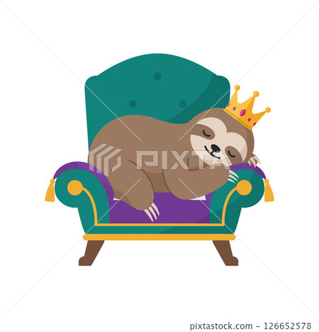 Relaxed sloth wearing crown lying on green and purple royal armchair vector illustration ideal for t-shirt prints 126652578