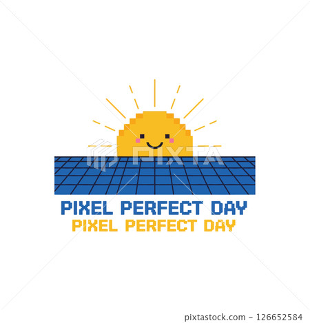 Smiling pixel sun rising over pixelated blue grid with pixel perfect day text vector illustration 126652584
