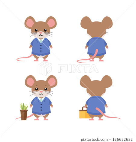 Cute cartoon mouse character in blue jacket front back and work pose vector illustration ideal for tshirt projects 126652682