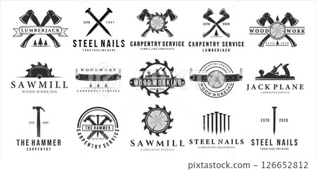 set of carpentry logo vintage vector illustration template design. bundle collection of various craftsman or carpenter equipment sawmill hammer ax nails wooden lumberjack jack plane logo icon design set of carpentry logo vintage vector illustration template design. bundle collection of various craftsman or carpenter equipment sawmill hammer ax nails wooden lumberjack jack plane logo icon design 126652812
