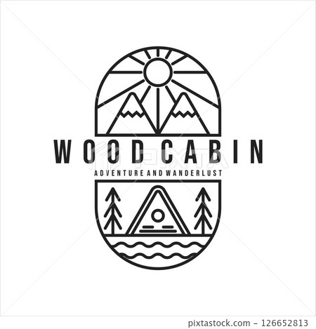 wood cabin or cottage line art minimalist simple illustration template icon logo design. cabin mountain river and sun logo for camping concept and adventure logo for business travel wood cabin or cottage line art minimalist simple illustration template icon logo design. cabin mountain river and sun logo for camping concept and adventure logo for business travel 126652813