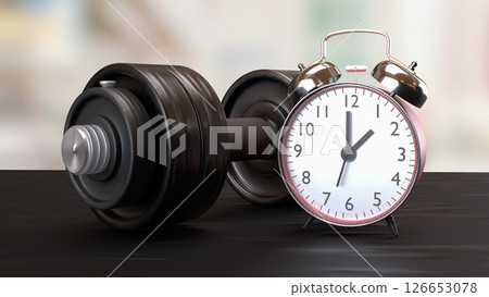The Dumbbell and clock for Health or fitness concept 3d Rendering. The Dumbbell and clock for Health or fitness concept 3d Rendering. 126653078