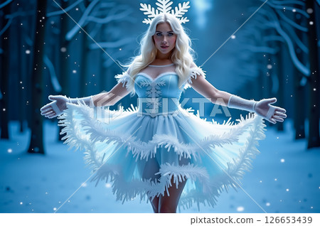 Snow Queen in a Blue Dress in Winter Forest. AI generation 126653439