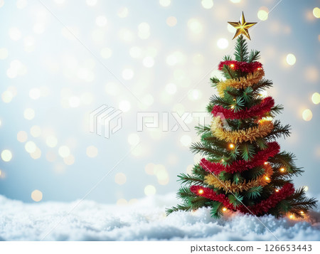 Christmas Tree with Colorful Tinsel in Snowy Landscape. AI generation 126653443