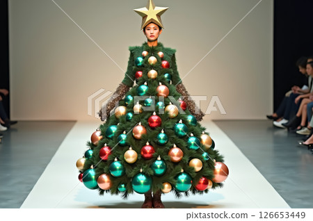 Fashion model dressed as a Christmas tree adorned with colorful baubles on a runway. AI generation 126653449