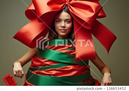Woman dressed a gift box with oversized red and green ribbon on a festive background. AI generation 126653452