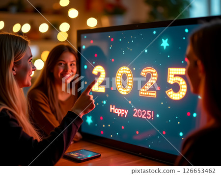 Friends celebrating New Year in front of a Happy 2025 sign. Blurred image. AI generation 126653462