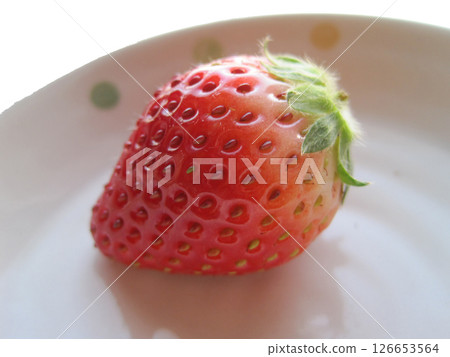 A single strawberry with stem on a plate A single strawberry with stem on a plate 126653564