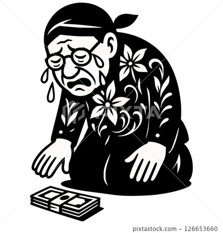 Counting His Last Money: An Elderly Man in Batik and Blangkon Weeps in Reflection Generative AI 126653660
