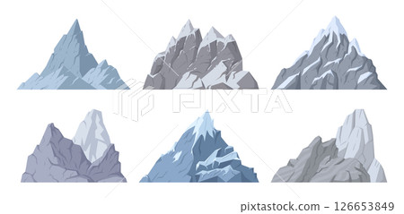 Cartoon mountain peaks. Rocky ranges and snowy peaks, wild nature landscape mountains flat vector illustration set. Outdoor hiking icy mountain peaks 126653849