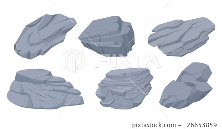 Granite stones. Mountain rock stone heap, boulder rocky stones, granite rocks and grey pebbles vector symbols illustration set. Stones collection Granite stones. Mountain rock stone heap, boulder rocky stones, granite rocks and grey pebbles vector symbols illustration set. Stones collection 126653859
