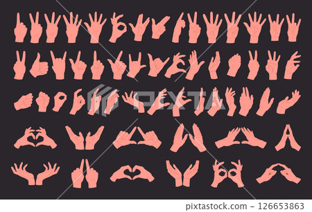 Human hands gesture. Hand palm with various gestures, human hands showing, pointing and presenting flat vector illustration set. Cartoon hand palms Human hands gesture. Hand palm with various gestures, human hands showing, pointing and presenting flat vector illustration set. Cartoon hand palms 126653863