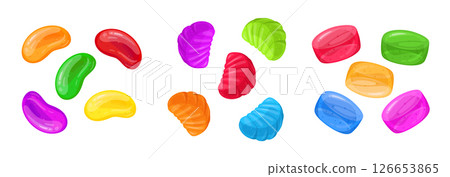 Jelly gummies. Cartoon fruity candies, delicious chewy sweets with various flavors flat vector illustration set. Jelly sweets collection on white Jelly gummies. Cartoon fruity candies, delicious chewy sweets with various flavors flat vector illustration set. Jelly sweets collection on white 126653865