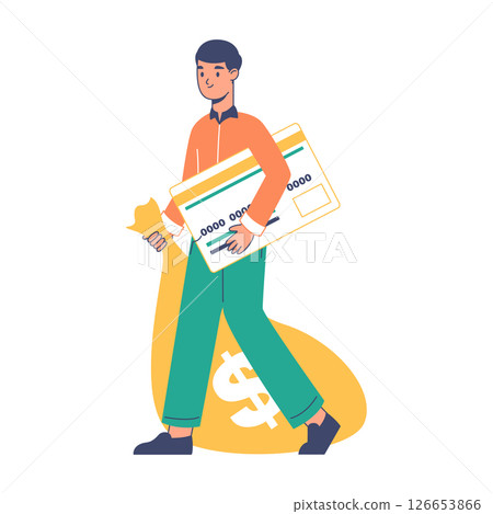 Male character with money. Successful rich man, financial well-being, men money bag flat vector illustration. Financially successful male Male character with money. Successful rich man, financial well-being, men money bag flat vector illustration. Financially successful male 126653866