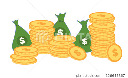 Money stack. Gold coins and money bags, golden coins stack, money wealth concept flat vector illustration. Money stack on white background Money stack. Gold coins and money bags, golden coins stack, money wealth concept flat vector illustration. Money stack on white background 126653867