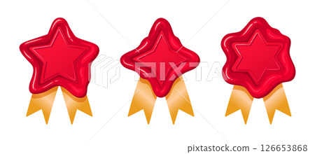 Star wax seals. Retro postal wax seals, red wax seal elements, vintage paraffin stamps with golden silk ribbons flat vector illustration set. Wax seal collection Star wax seals. Retro postal wax seals, red wax seal elements, vintage paraffin stamps with golden silk ribbons flat vector illustration set. Wax seal collection 126653868
