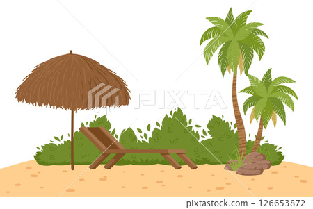 Summer beach landscape. Cartoon nature paradise view, tropical beach, palm trees and beach lounger flat vector illustration. Sandy beach view panorama 126653872