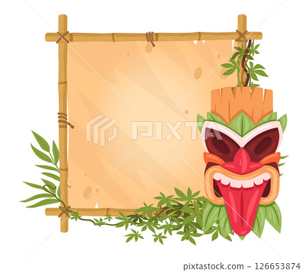 Totem sign frame. Bamboo sign board with wooden mask, tiki tribal totem bamboo frame flat vector illustration. Hawaiian or african aboriginal totem on bamboo frame 126653874