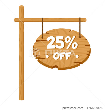 Wooden board with discount. Signboard sale advertising, wood board retail marketing flat vector illustration. Cartoon hanging limited time offer sign 126653876