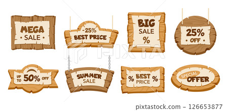 Wooden signboards with discount promotion. Papyrus paper placards sale advertising, wood board retail marketing flat vector illustration set. Hanging discount and limited time offer signs 126653877