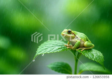 繡球花葉上的樹蛙和雨季的濕潤感 126653956