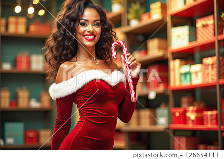 Blurred image of a chestnut-haired woman holding holiday candy cane. AI generation Blurred image of a chestnut-haired woman holding holiday candy cane. AI generation 126654111