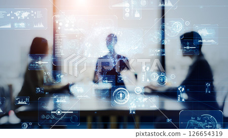 商務人士會議群組和數位科技概念橫幅和廣告的水平視覺 126654319