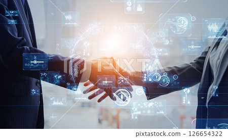 Concept of business people shaking hands and digital technology Horizontal visual for banners and advertisements 126654322