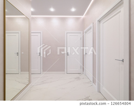 This modern hallway interior features elegant details and lighting that create a welcoming ambiance 126654804