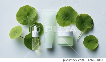 Fresh Centella asiatica leaves and clear skin care products, clean cosmetics (beauty and cosmetics) Fresh Centella asiatica leaves and clear skin care products, clean cosmetics (beauty and cosmetics) 126654841