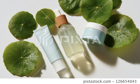 Aerial view of Centella asiatica leaves and three skin care products (beauty/cosmetics) 126654843